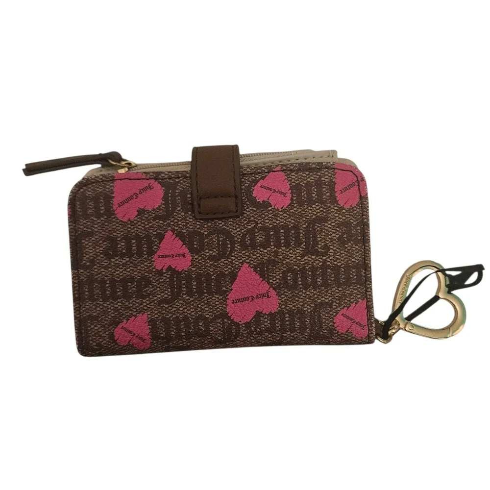 Juicy Couture Wallet Brown Pink Hearts‎ Logo Snap Closure Charm Cute